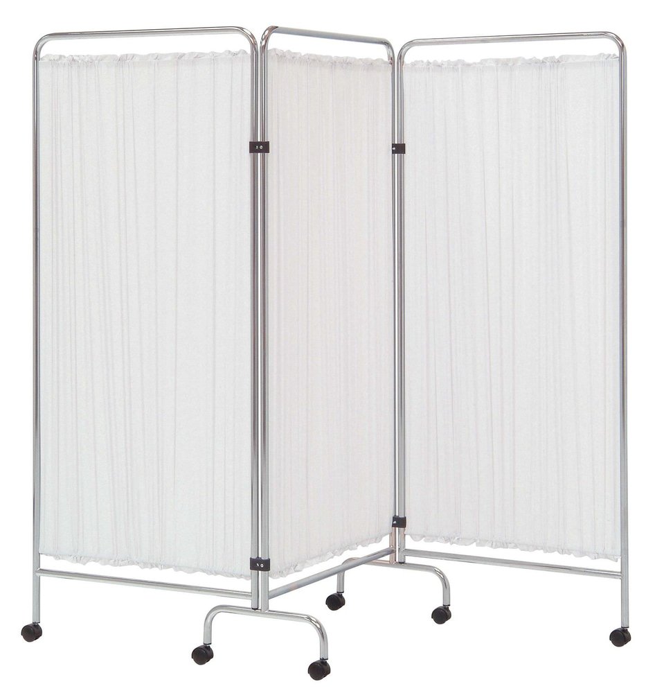 Paravent médical à 3 compartiments sur roulettes, tissu blanc opaque et structure acier époxy blanc
