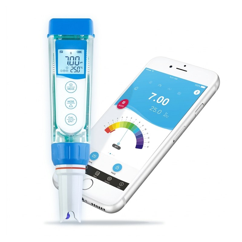 Testeur de pH Apera PH60-Z avec câble d'électrode connecté à un smartphone via Bluetooth