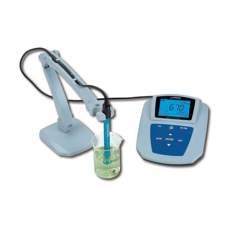 pH-mètre de paillasse Apera MP511 avec électrode sur support et écran LCD bleu