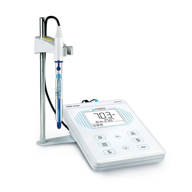 pH-mètre de paillasse Apera PH700-BC blanc avec électrode sur support et écran tactile
