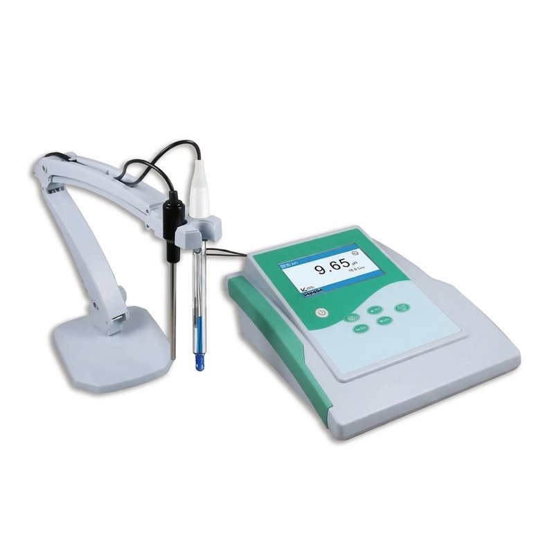 pH-mètre de paillasse vert et blanc avec bras articulé et électrode LabSen 211