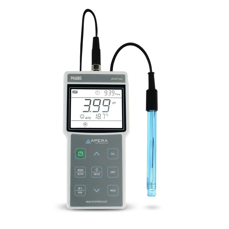 pH-mètre portable Apera PH400S gris avec écran LCD et électrode bleue sur câble
