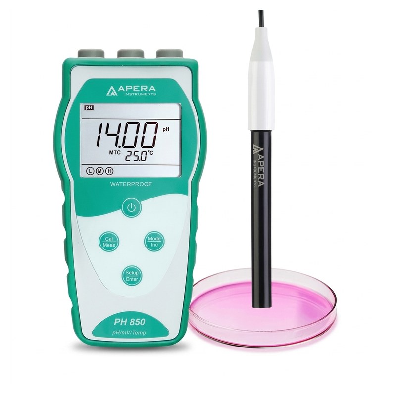 pH-mètre portable Apera PH850-FT vert avec électrode plate posée sur boîte de Petri