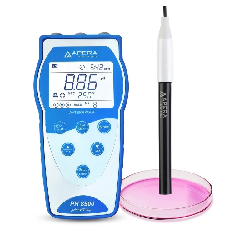 pH-mètre portable Apera PH8500-FT bleu avec électrode plate LabSen 373 posée sur boîte de Petri