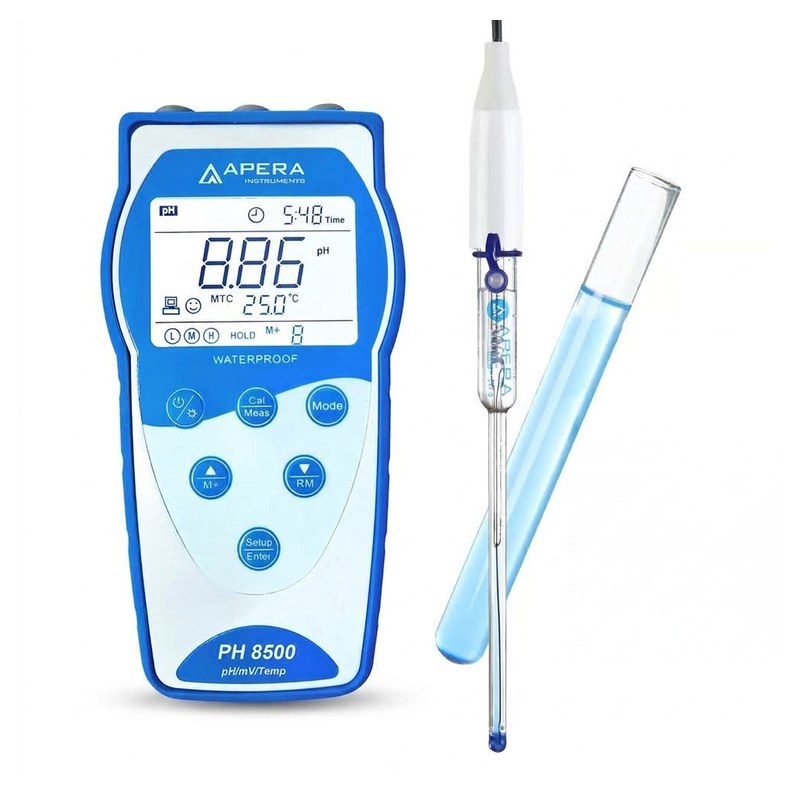 pH-mètre portable bleu avec électrode fine et tube à essai rempli de liquide bleu