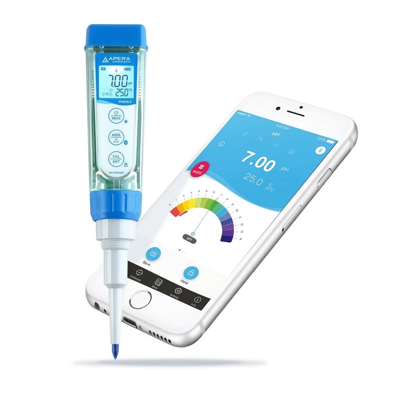 Testeur de pH bleu et blanc connecté à un smartphone via Bluetooth