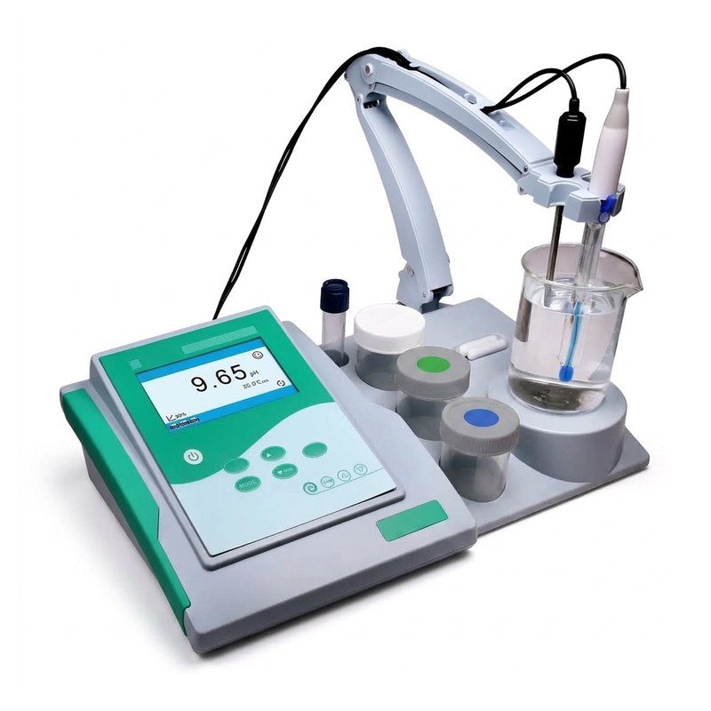 pH-mètre de paillasse vert avec support d'électrode TestBench et bécher de calibration