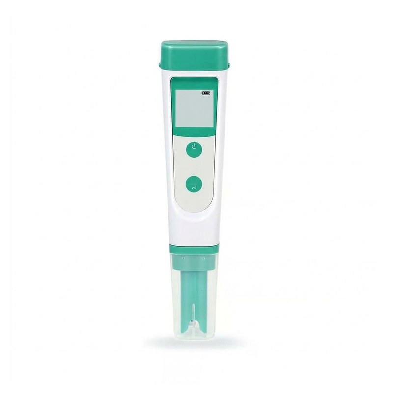 pH-mètre de poche vert et blanc avec écran numérique et compartiment de remplissage