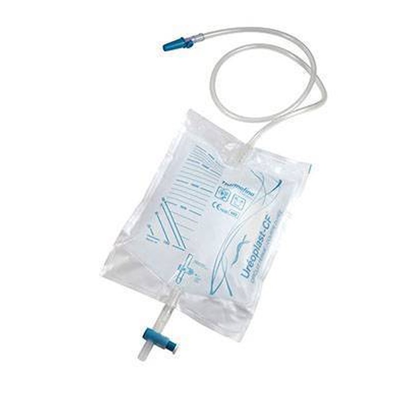 Poche de recueil d'urine 2 L graduée avec tubulure, valve anti-reflux et robinet de vidange