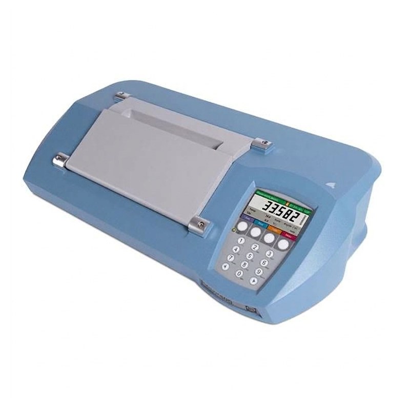Polarimètre de paillasse bleu avec porte-échantillon relevé et clavier numérique
