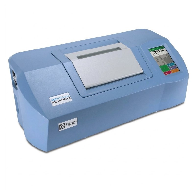 Polarimètre numérique bleu avec porte-échantillon relevé, écran couleur et logo Bellingham Stanley
