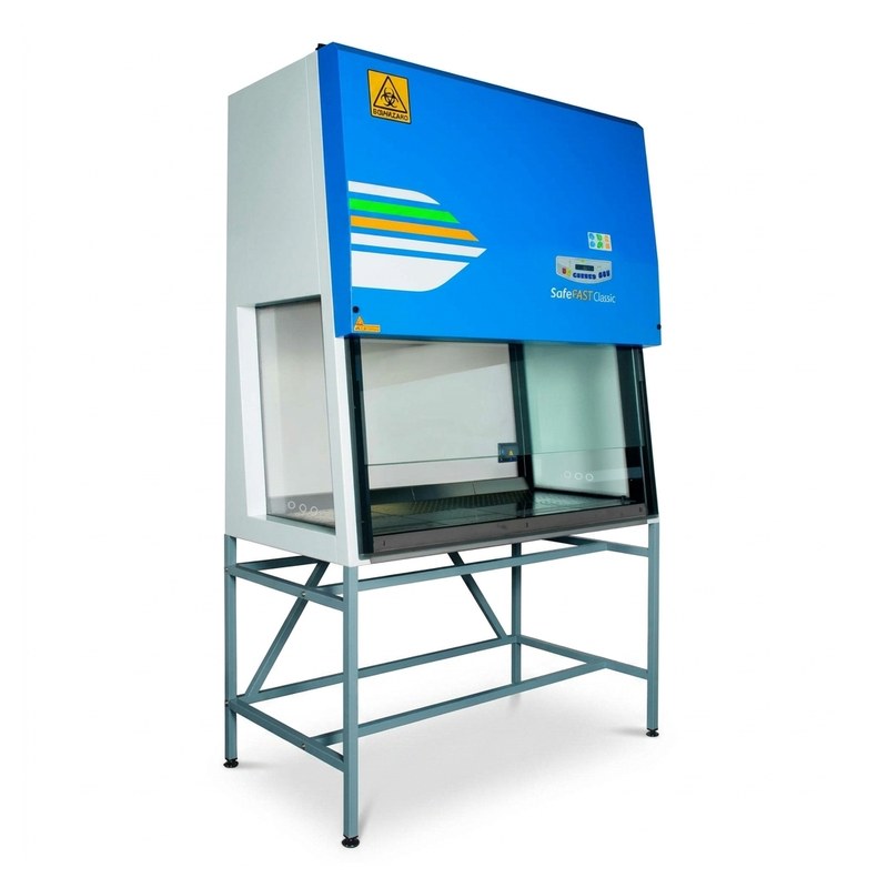 Poste de sécurité microbiologique bleu et blanc sur pieds avec vitre coulissante