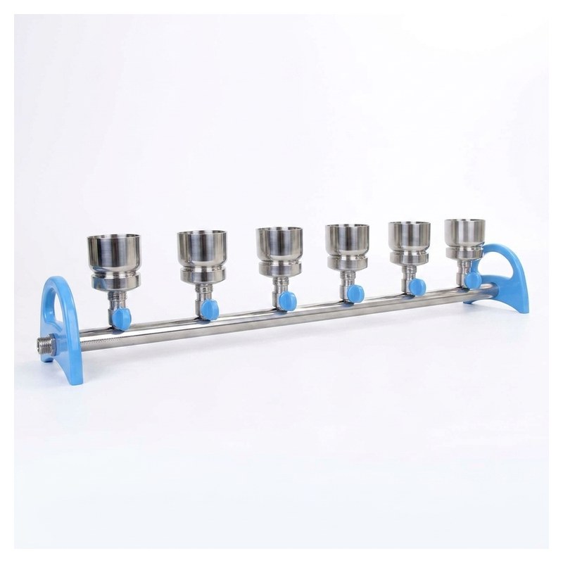 Rampe de filtration Rocker MultiVac 600-MB à 6 postes en acier inoxydable avec poignées bleues