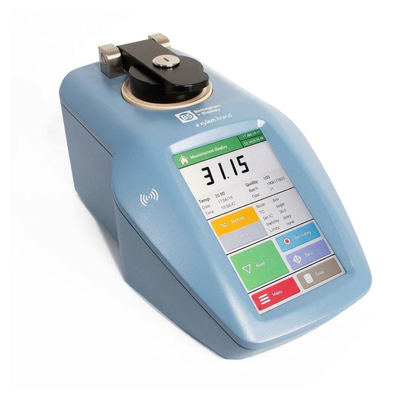 Réfractomètre numérique bleu à écran tactile couleur et porte-échantillon relevé