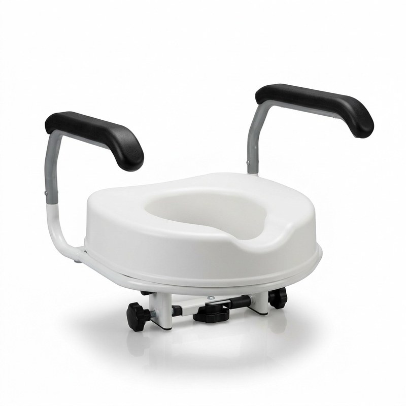 Rehausse de toilette en plastique blanc avec deux accoudoirs rembourrés noirs sur supports métalliques