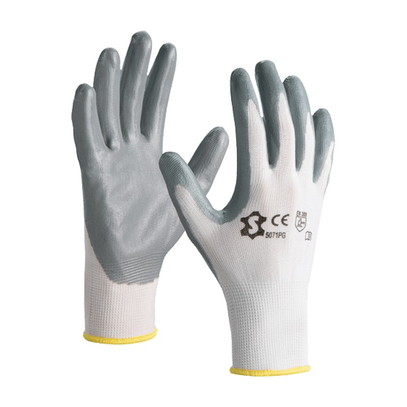 Gants de manutention en polyester blanc à enduction nitrile grise sur paume et doigts, dos aéré