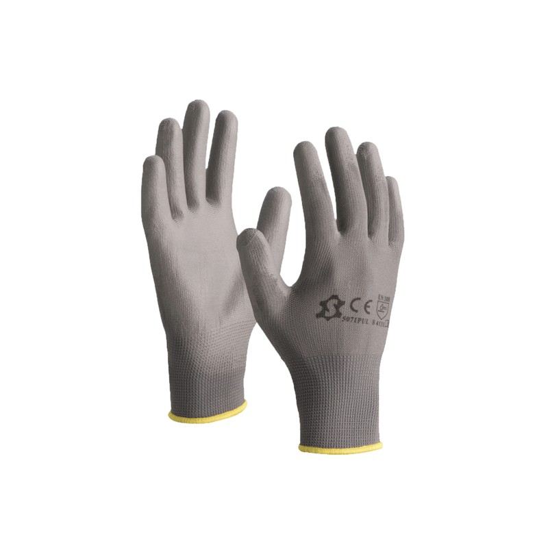 Gants de précision en polyester gris à enduction polyuréthane sur paume et doigts
