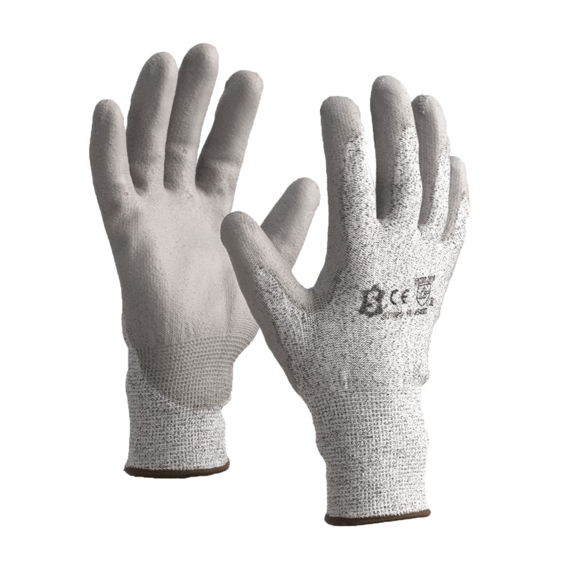 Gants anti-coupure gris clair en fibre PEHD avec enduction polyuréthane sur paume et doigts