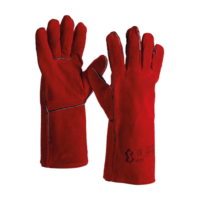 Gants de soudeur rouges en croûte de cuir de bovin, manchette longue 35 cm, doublure coton
