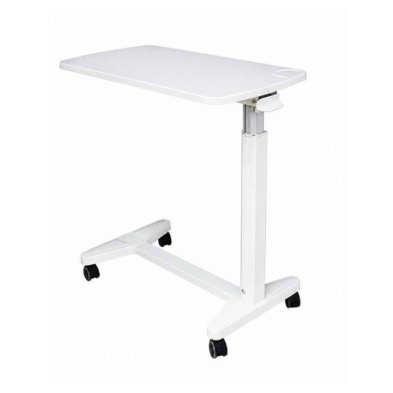 Table à manger au lit à colonne centrale réglable en hauteur, plateau ABS blanc avec porte-gobelet, piètement en H sur 4 roulettes