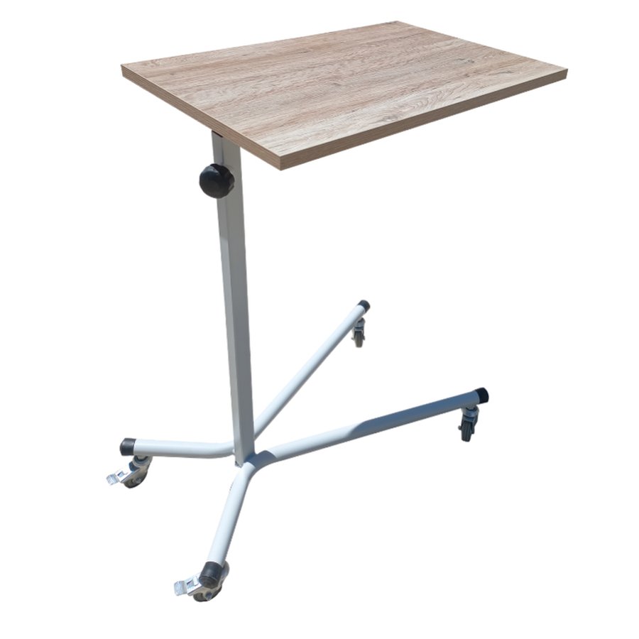 Table à manger au lit à plateau MDF finition bois, colonne réglable en hauteur et piètement sur roulettes