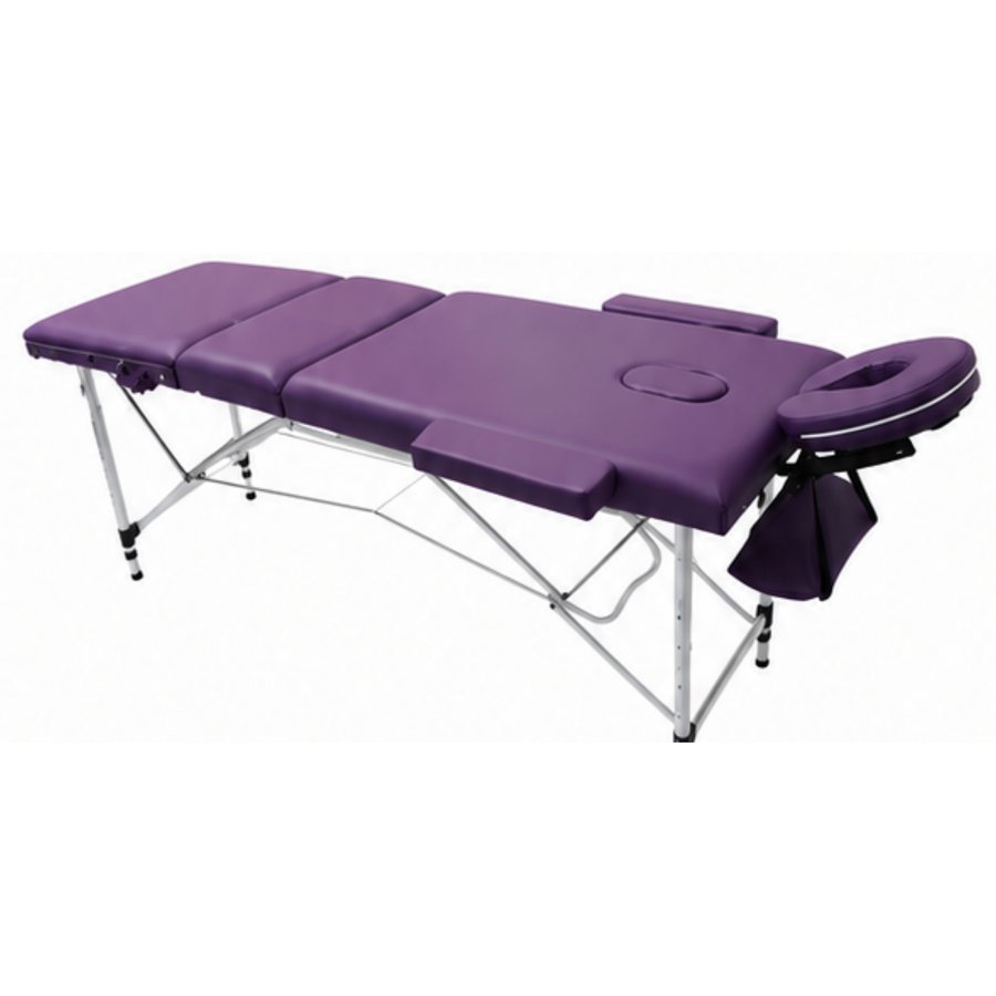 Table de massage pliante et portable violette à 3 sections avec appui-tête, accoudoirs et sac de transport