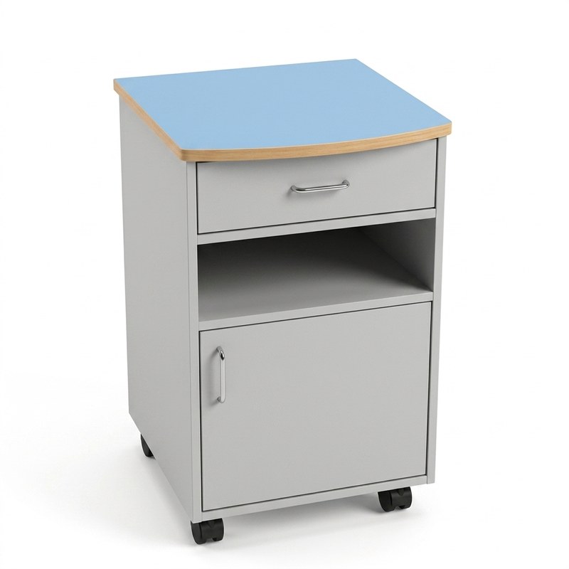 Table de nuit d'hôpital stratifiée avec tiroir, niche ouverte et placard à porte, sur roulettes