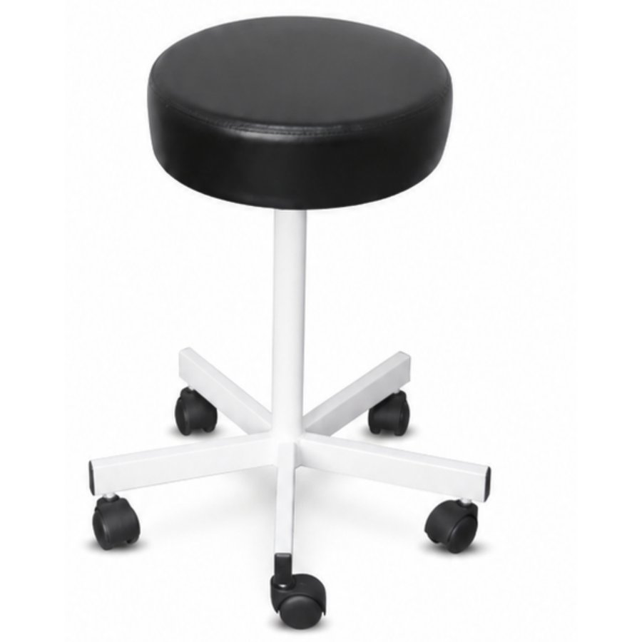 Tabouret médical à hauteur réglable, assise ronde rembourrée noire, base 5 branches en acier chromé à roulettes