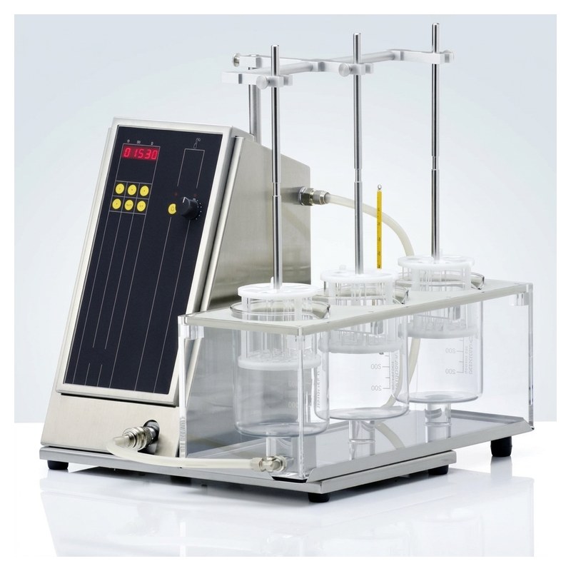 Testeur de désintégration Pharma Test DIST-3 avec trois paniers et béchers en verre