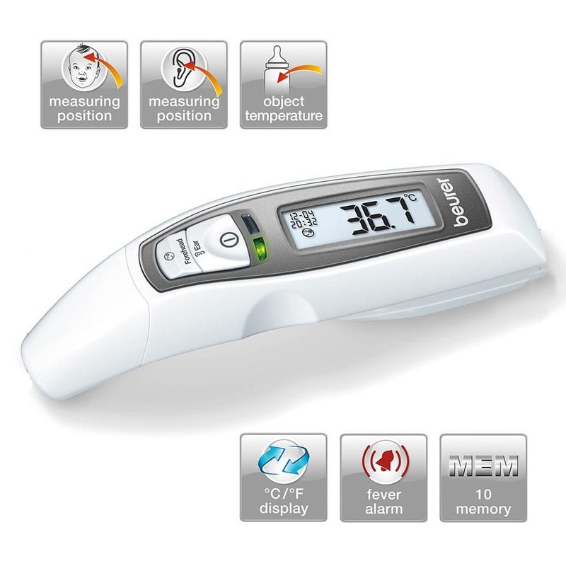 Thermomètre multifonctions Beurer FT 65 : mesure frontale, auriculaire et température des objets, grand écran avec date et heure