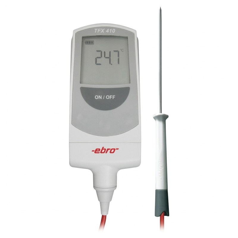 Thermomètre blanc Ebro TFX 410 avec écran affichant 24,7°C et sonde à câble rouge