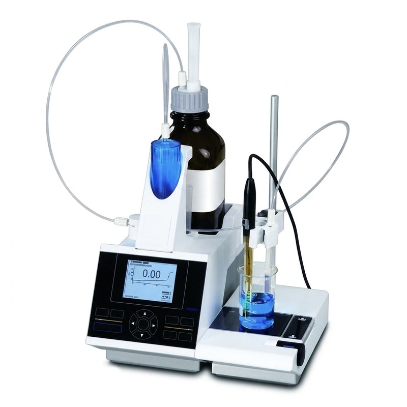 Titrateur potentiométrique de paillasse avec burette, bécher et écran de mesure