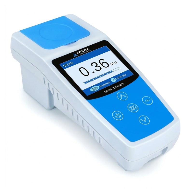 Turbidimètre portable Apera TN400 bleu et blanc avec écran couleur et flacon d'échantillon
