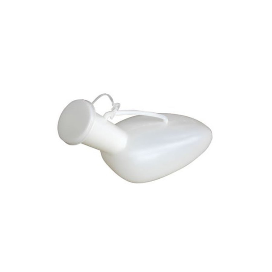 Urinoir homme portatif en plastique blanc avec col incliné et bouchon