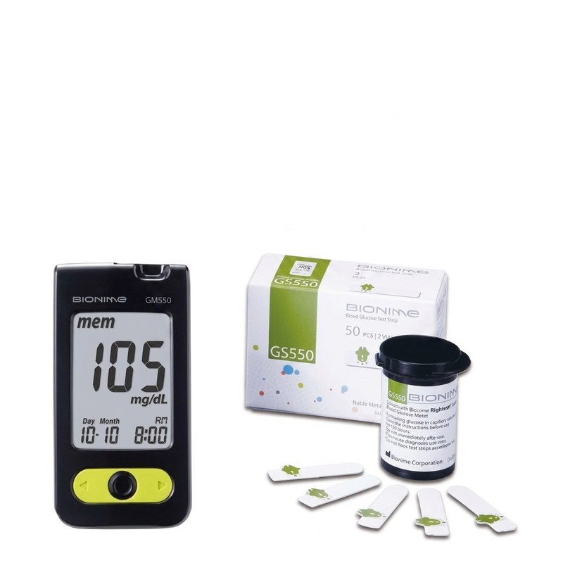 Coffret lecteur de glycémie Bionime Rightest GM550 avec deux boîtes de bandelettes GS550 et autopiqueur