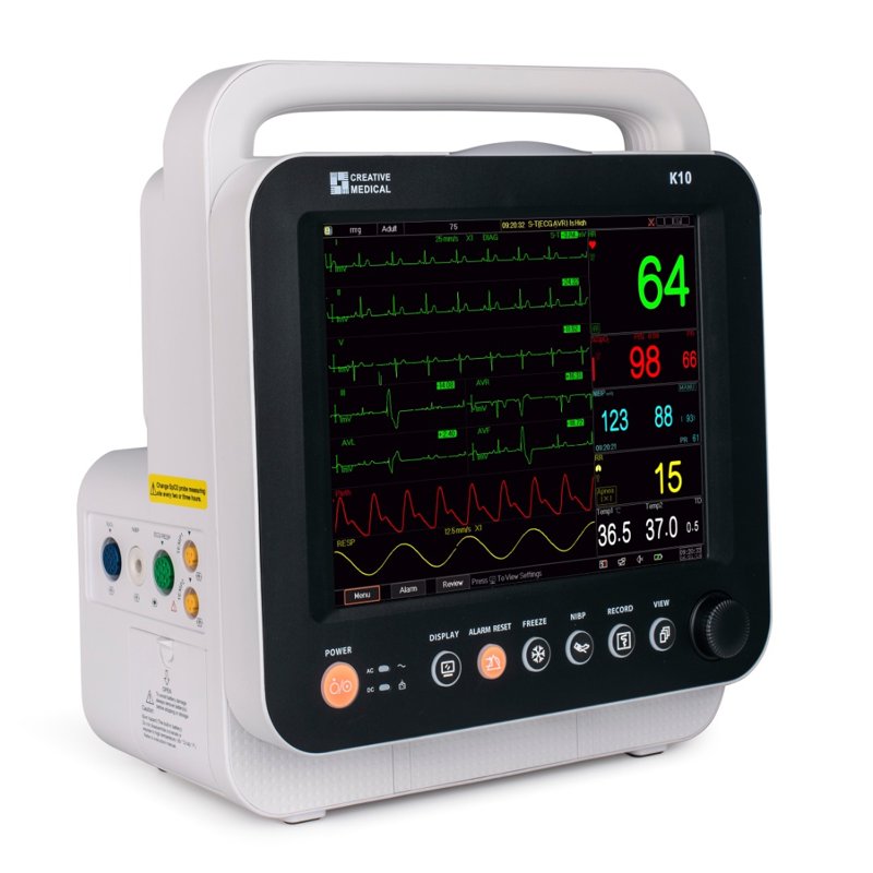 Moniteur patient multiparamétrique Creative Medical K10 avec écran tactile 10,4 pouces affichant ECG, SpO2 et PNI