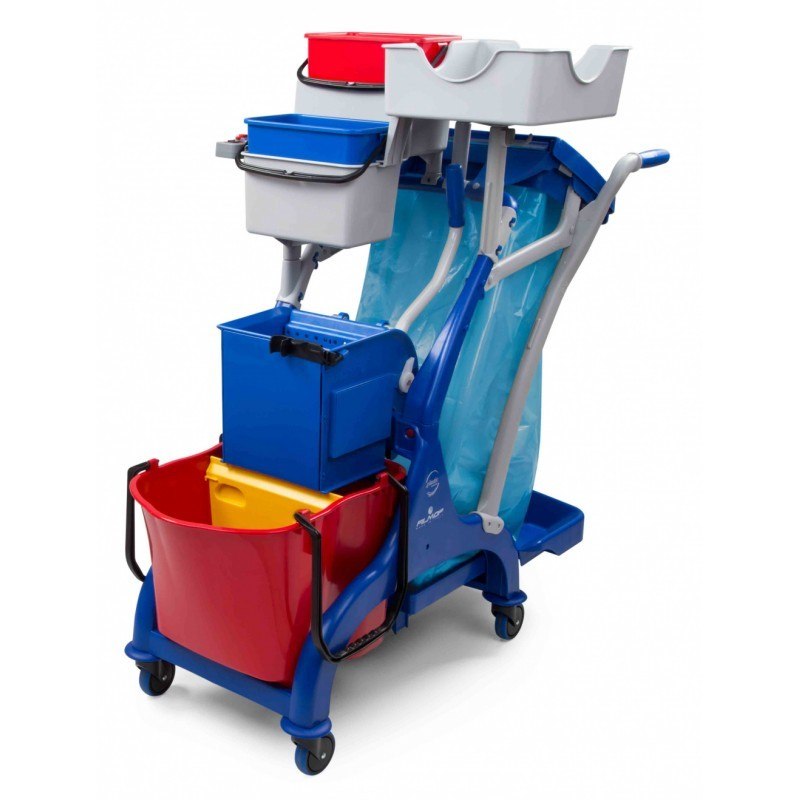 Chariot de ménage Filmop ARKA 12 avec seau bi-bacs 28 L, presse à plat et support sac 110-130 L