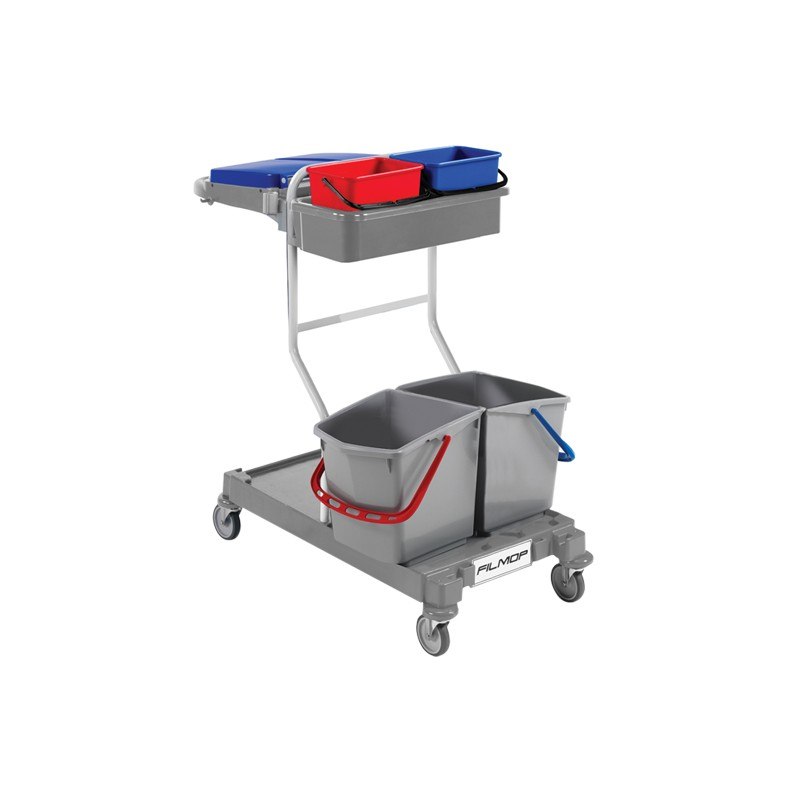 Chariot de nettoyage Filmop MAX-1S avec base grise, 2 paniers latéraux, 2 seaux 6 L et support sac 120 L
