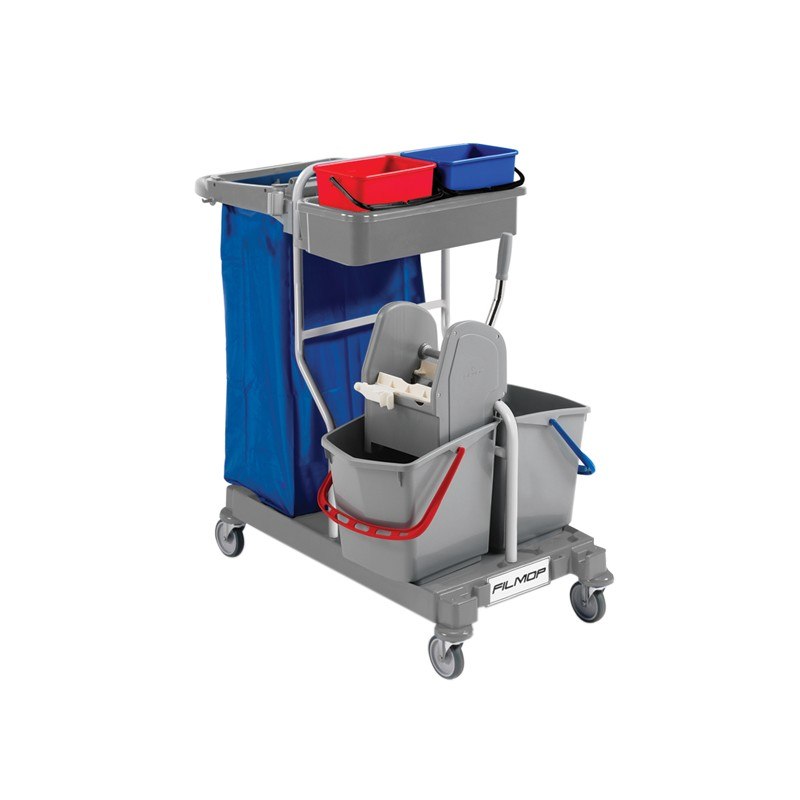 Chariot de nettoyage Filmop MAX-4S avec 2 seaux 15 L, 2 seaux 6 L, presse et support sac 120 L