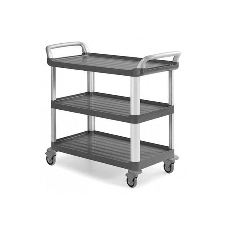 Chariot de service Filmop SILVER à 3 plateaux en polypropylène avec montants en aluminium et 4 roues pivotantes