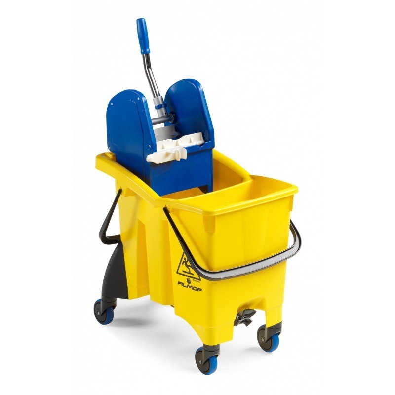 Chariot de lavage Filmop TWICE avec seau plastique antichoc 30 L à deux compartiments, deux bouchons de vidange et presse