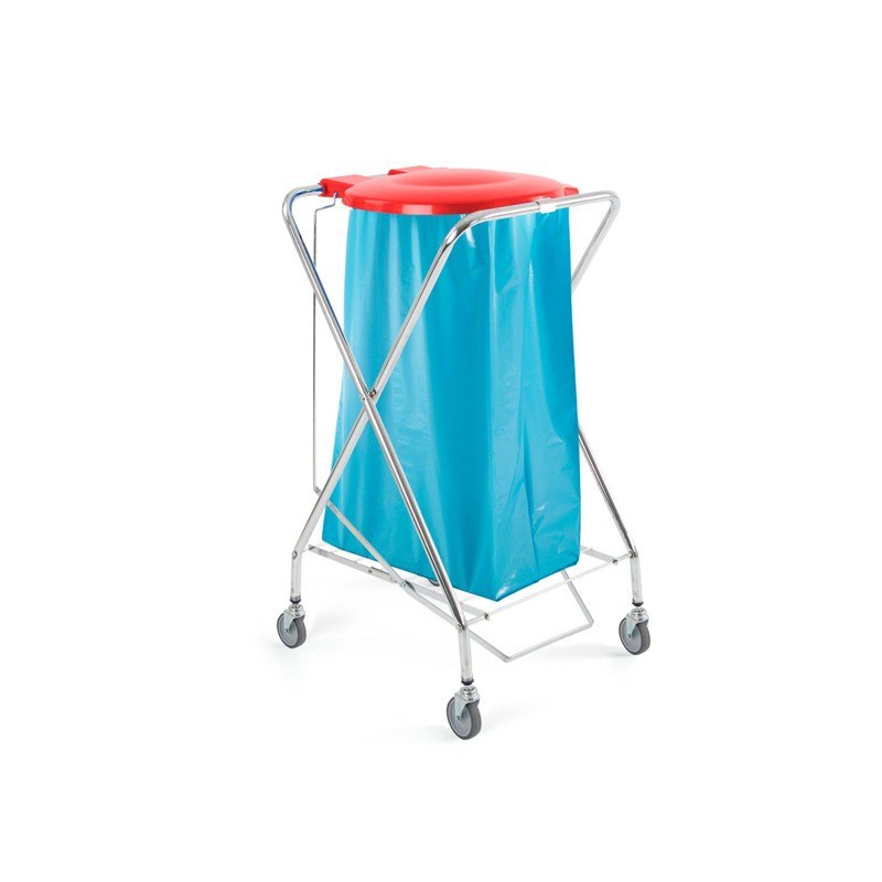 Chariot X chromé Filmop 8075 avec porte-sac rond 120 L, couvercle plastique à pédale et roues pivotantes Ø 80 mm