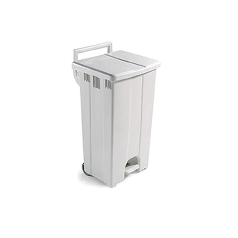 Poubelle plastique beige Filmop POLARIS 90 L avec pédale, barre de poussée, roues et couvercle coloré