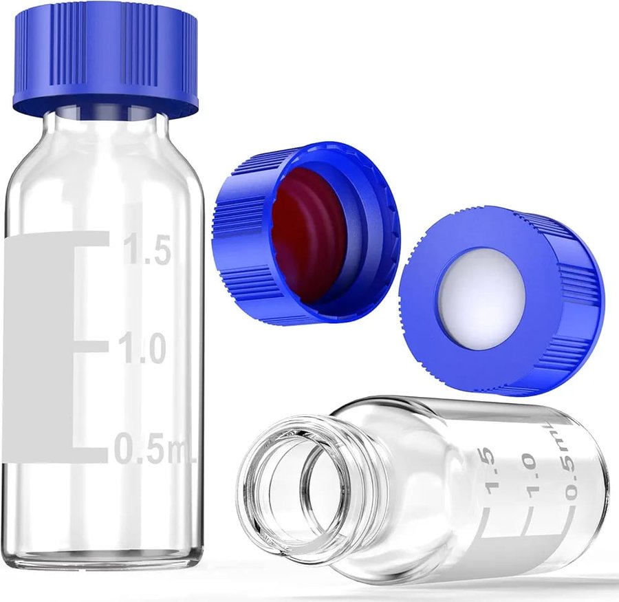 Vial HPLC 2 ml 9-425 verre clair — flacon échantillonneur avec bouchon à vis bleu et septa PTFE/silicone