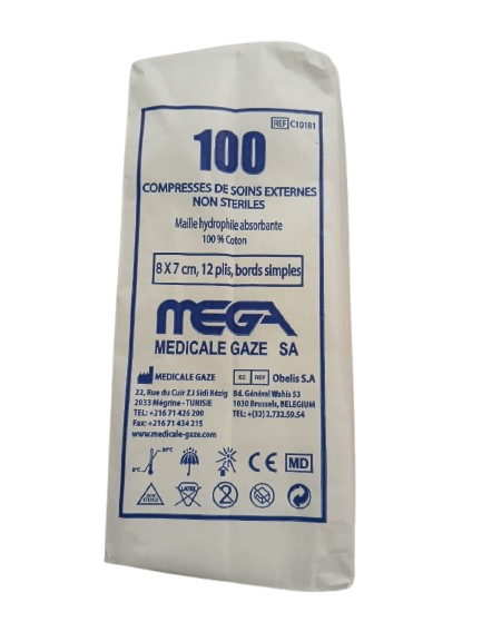 Compresses MEGA maille propre 8x7 cm 12 plis, sachet de 100