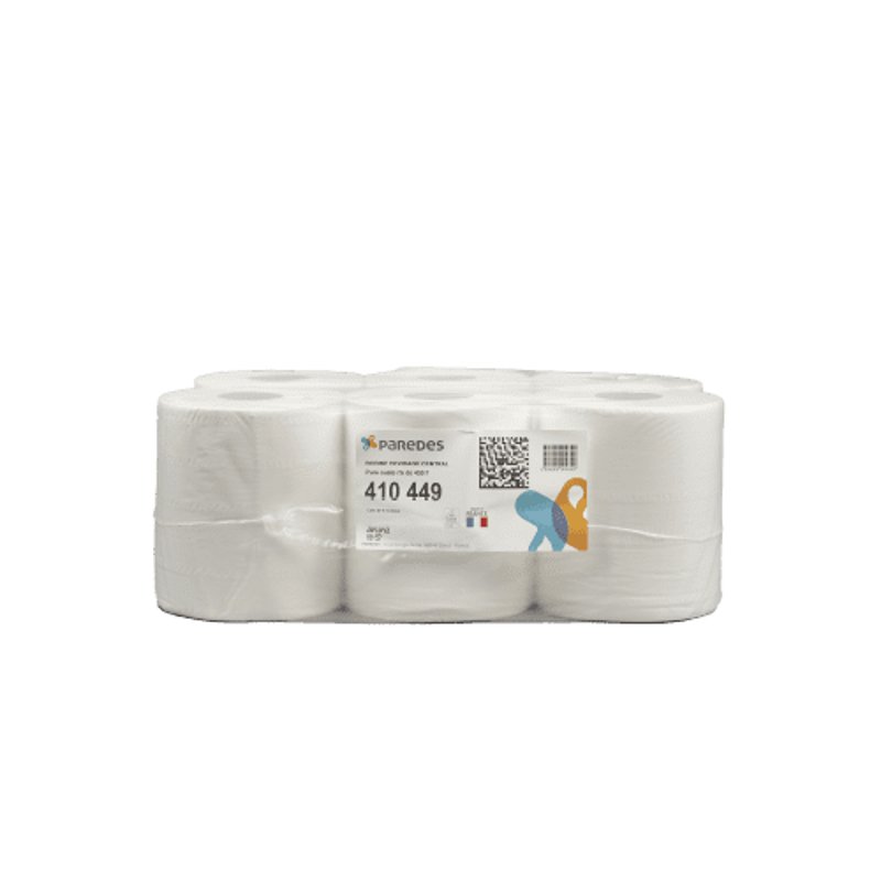 Pack de 6 bobines d'essuyage à dévidage central Paredes Expert réf. 410449, pure ouate blanche