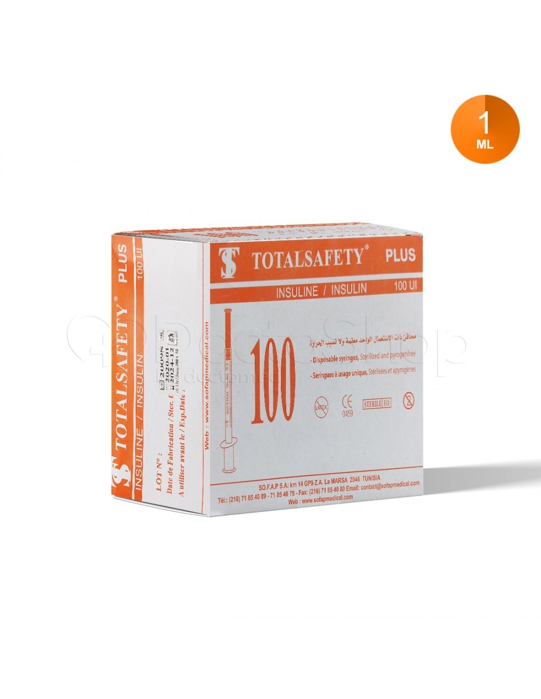 Seringues à insuline stériles 1 mL aiguille 29G, boîte de 100 pièces