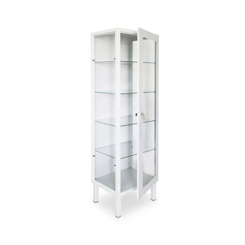 Armoire vitrée médicale à 1 porte en acier laqué blanc, étagères en verre et serrure