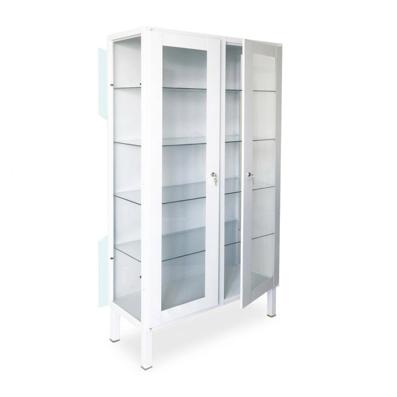 Armoire vitrée médicale à 2 portes en acier laqué blanc, étagères en verre et serrure