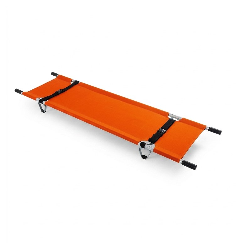 Brancard de secours pliable en 2 en aluminium orange, toile imperméable et ignifugée